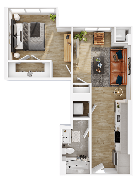 Floor plan for 1 bed, 1 bath, 636 sqft